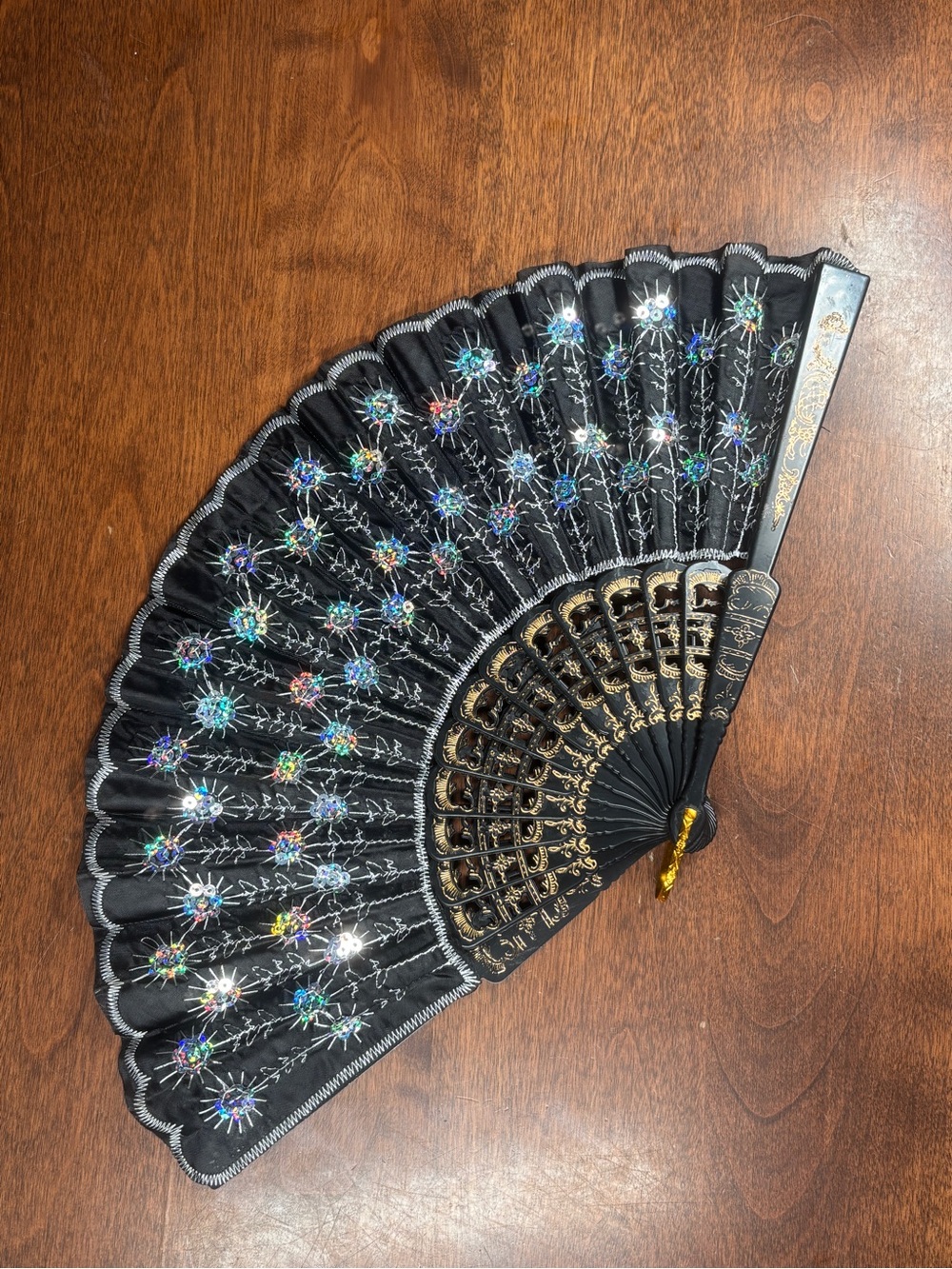 Vintage Aesthetic Black Sequin Folding Hand Fan